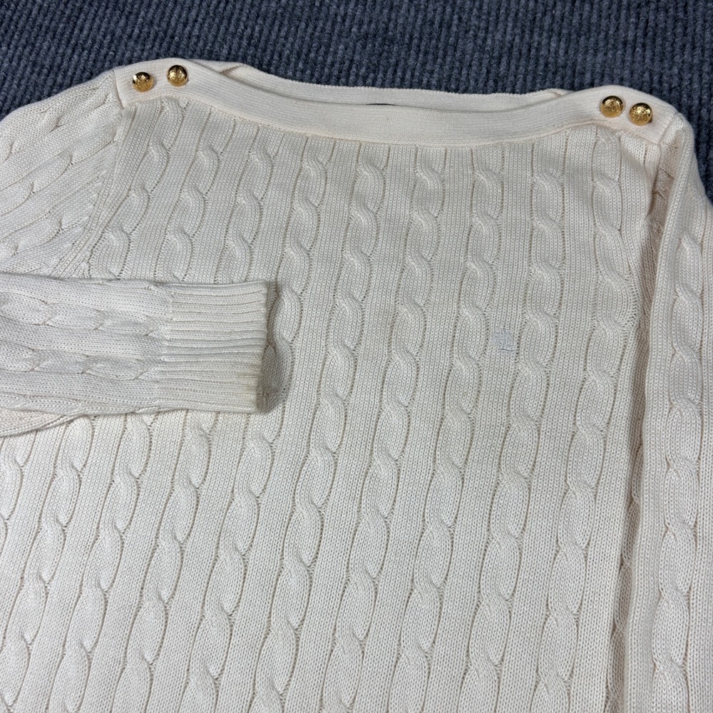 Lauren Ralph Lauren Sweater Women's XL Cream Cable Knit Boat Neck Gold Buttons